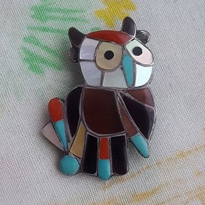 🌙Vintage Zuni Signed Esalio Owl Brooch Pendant Combo